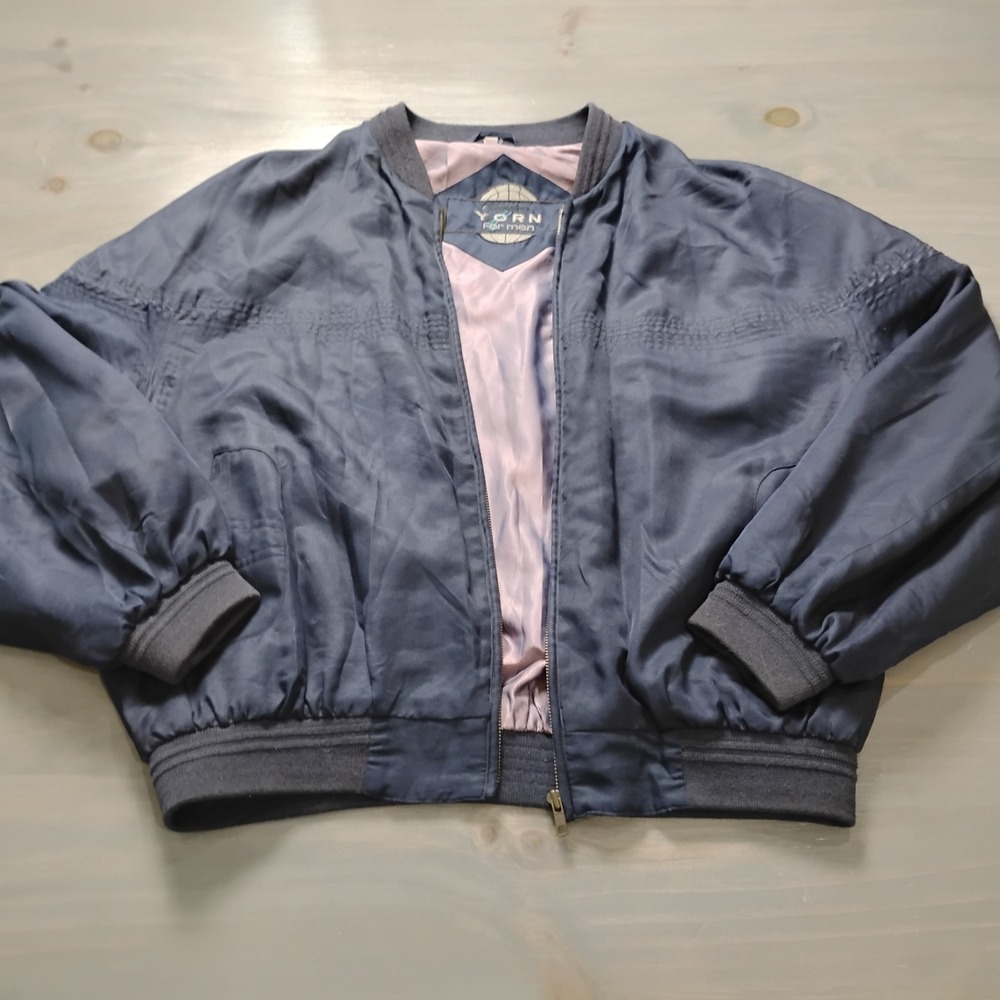 Vintage 80's Yorn Jacket Mens Large Navy Silk Retro Full Zip Bomber *Read